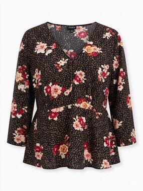 torrid Black V-Neck Peplum Blouse - Pink & Red Floral, Animal Print | 3XL